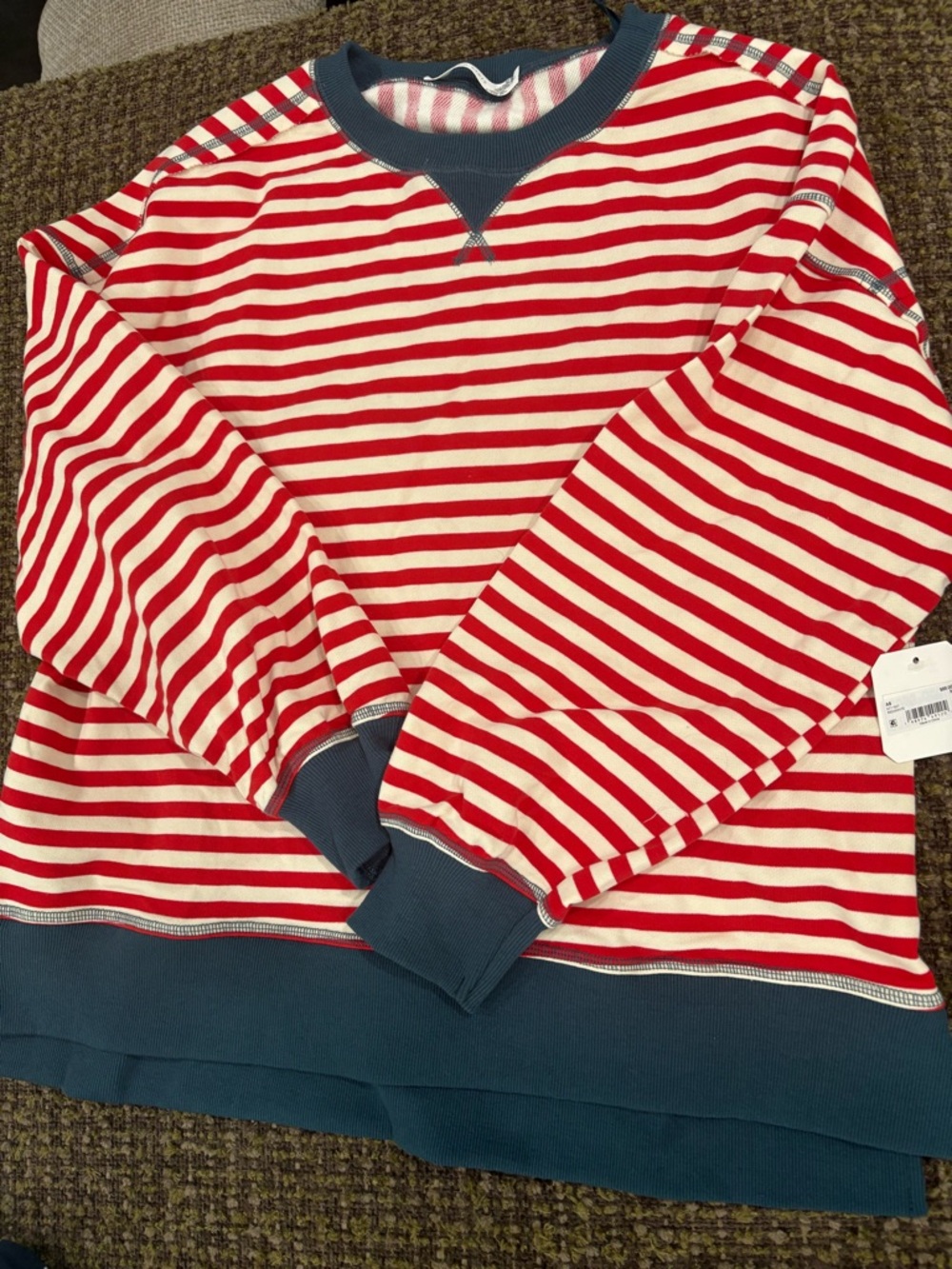 Altar’d State Striped Red & White Crewneck Sweatshirt with Navy Trim